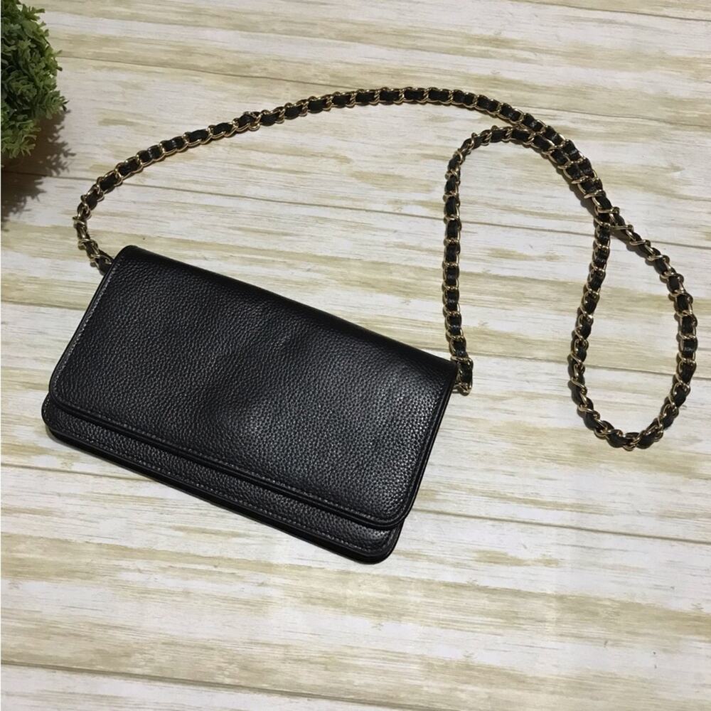 Nordstrom Black Genuine Leather Gold Chain Crossbody Shoulder Bag Pirse
